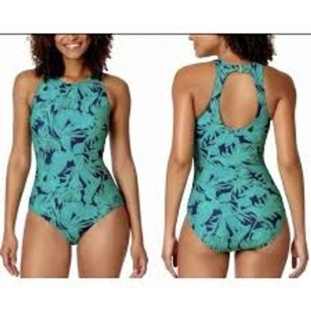 Lands End Ladies' High Neck One-Piece Swimsuit Womens Green Tropical Palm Size S